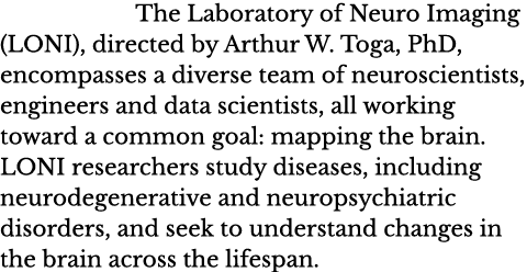 The Laboratory of Neuro Imaging (LONI), directed by Arthur W  Toga, PhD, encompasses a diverse team of neuroscientist   