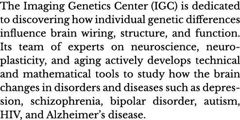 The Imaging Genetics Center (IGC) is dedicated to discovering how individual genetic differences influence brain wiri   