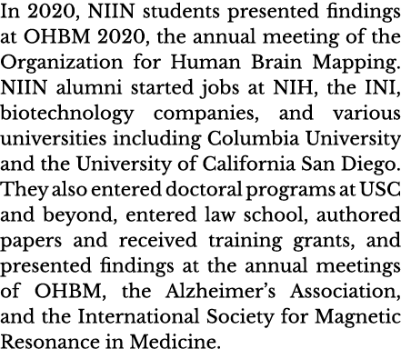 In 2020, NIIN students presented findings at OHBM 2020, the annual meeting of the Organization for Human Brain Mappin   