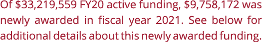 Of  33,219,559 FY20 active funding,  9,758,172 was newly awarded in fiscal year 2021  See below for additional detail   