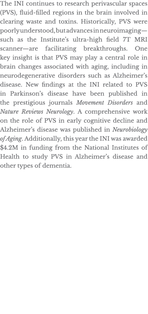 The INI continues to research perivascular spaces (PVS), fluid-filled regions in the brain involved in clearing waste   