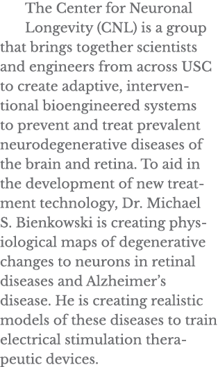 The Center for Neuronal Longevity (CNL) is a group that brings together scientists and engineers from across USC to c   